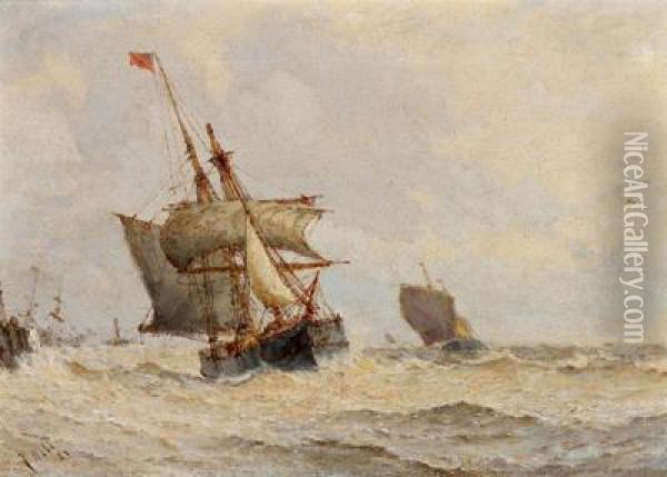 Schiffe Auf Bewegter See In Kustennahe Oil Painting - James Webb