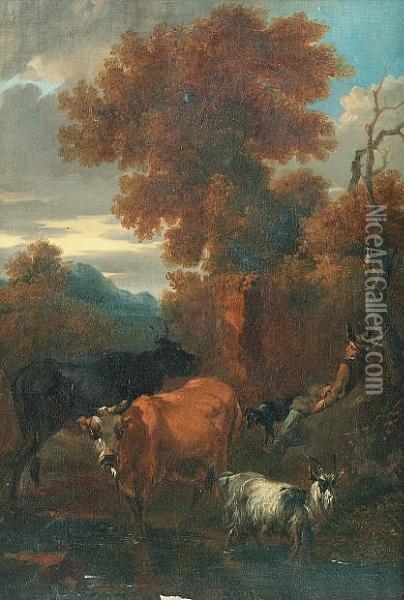 A Drover Resting Beside A Stream With His Cattle And A Goat Nearby Oil Painting - Nicolaes Berchem