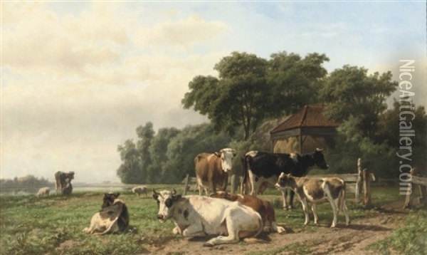Cows Near A Haystack Oil Painting - Hendrik Savry