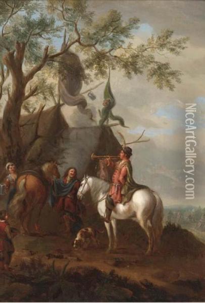 A Trumpeter At A Cavalry Encampment Oil Painting - Pieter Wouwermans or Wouwerman