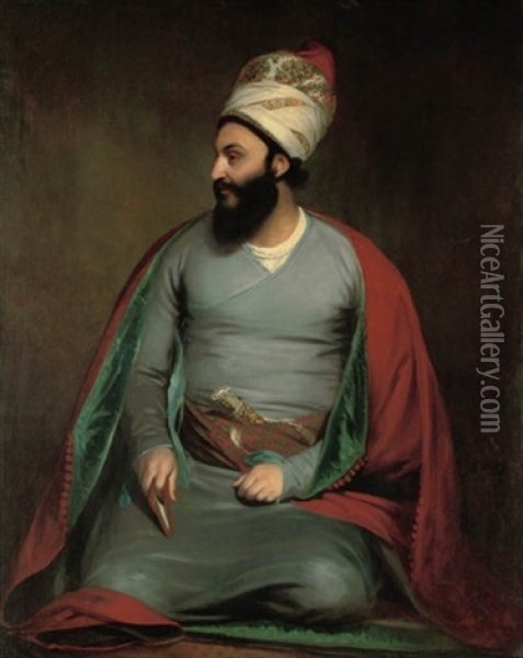 Portrait Of Mirza Abu'l Hassan Khan, Envoy Extraordinary And Minister Plenipotentiary To The Court Of King George Iii, Kneeling In A Red Cloak With A Blue Lining, And A Floral Turban Oil Painting - Sir William Beechey
