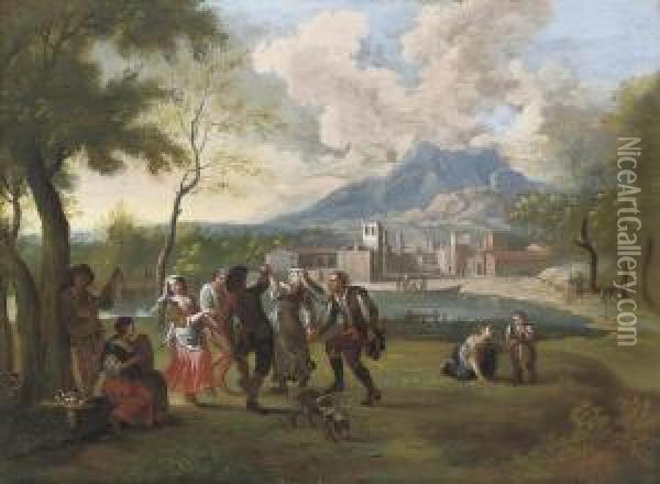 Peasants Music Making And Dancing Beside A Lake, A City Beyond Oil Painting - Paolo Monaldi