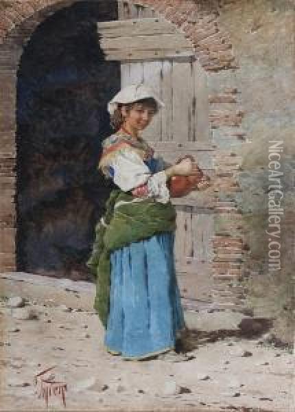 Young Girl With A Pitcher By A Doorway Oil Painting - Filippo Indoni