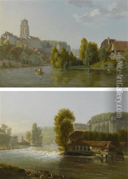 Views Of The Old City Of Bern, A Pair Oil Painting - Johann Jakob Biedermann