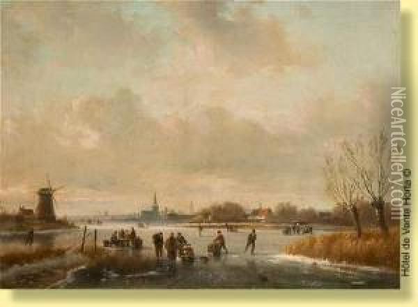 Patineurs Sur Un Bras De Mer Gele Oil Painting - Hendrik Adolf Schaep