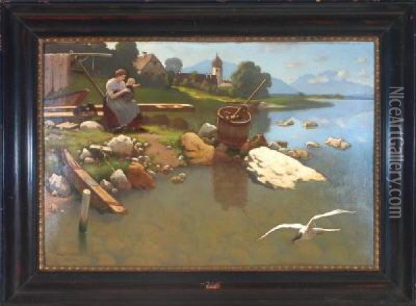 Uferidylle Auf Frauenchiemsee Oil Painting - August Wilhelm Dieffenbacher