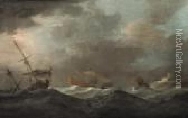 Shipping In Stormy Seas Near A Rocky Coast With A Fortress Oil Painting - Peter Monamy