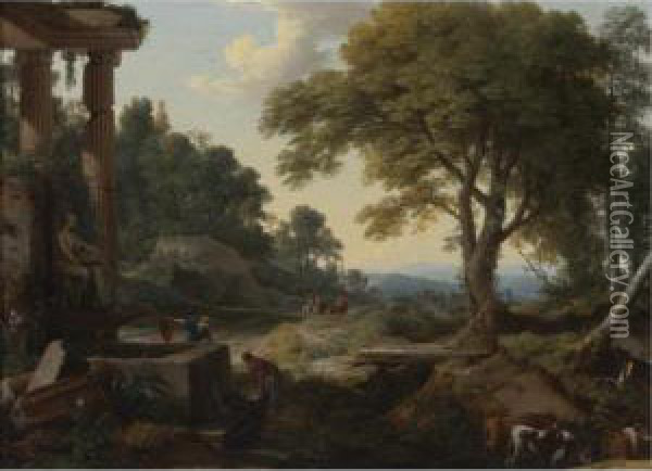 Landscape With Two Women At A 
Fountain, A Herd Of Cows At A Stream And Travelers On Horseback Oil Painting - Laurent De La Hyre