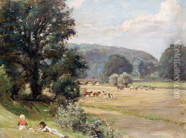 Children On A Grassy Bank, Harvesting Beyond Oil Painting - Edgar Barclay