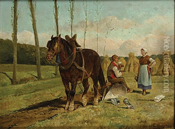 Koppel Met Trekpaard Oil Painting - Frans Van Leemputten