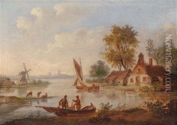 Hollandische Flusslandschaft Mit Einer Am Ufer Gelegenen Windmuhle Und Booten Oil Painting - Jan Arends