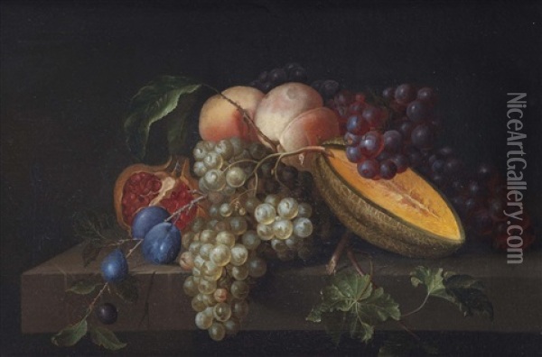 A Melon, Peach, Plum, Pommegranate And Grapes On A Stone Ledge Oil Painting - Pieter Gallis