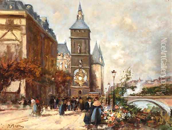 Flower market, Paris Oil Painting - Jules Petillion