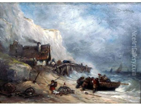 Sur La Cote Normande, Barques Et Cabanes De Pecheurs Oil Painting - Henri V. Deveria