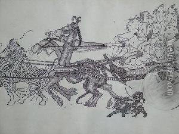 War I Cartoon Of A Chariot Led By Zebras And Horses Oil Painting - Winnifred Donne