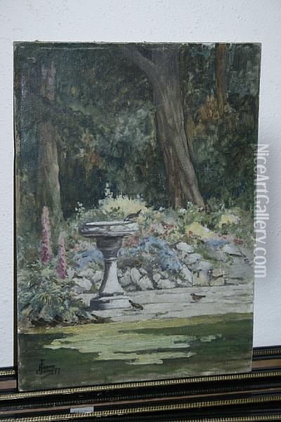 The Bird Bath, Signed, Oil On Board, Unframed Oil Painting - Frank B. Jowett