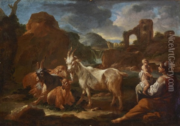 Shepherdess With Child And Herd In Landscape With Ruins Oil Painting - Philipp Peter Roos