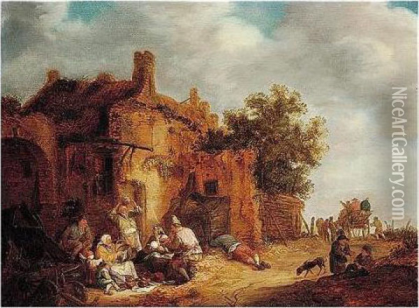 Peasants Eating Before A Tumbledown Cottage At The Side Of A Road Oil Painting - Isaack Jansz. van Ostade