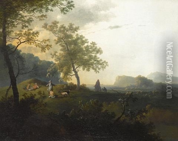 Hunting Party In A Wood, An Italianate Coastal Landscape Beyond Oil Painting - Adam Pynacker