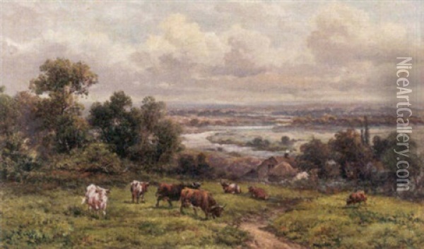 English Landscape With Cows Oil Painting - James Baylis Allen