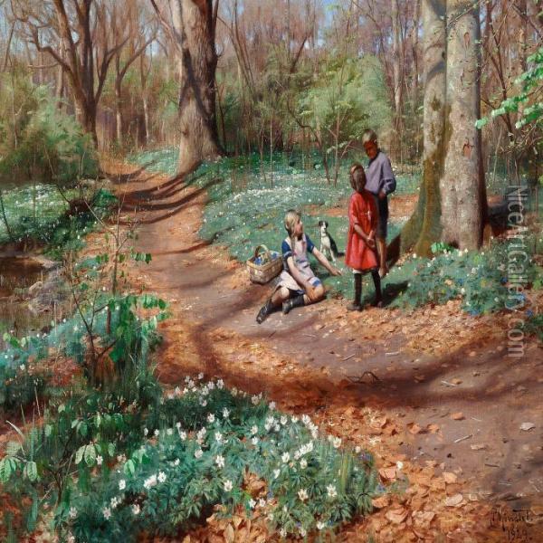 Kids Picking Anemones And Violets In A Forest With Unfolding Beeches Oil Painting - Peder Mork Monsted
