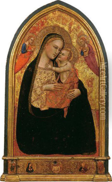 Madonna Col Bambino Fra Due Angeli Musicanti; Cristo In Pieta, Lamadonna E San Giovanni Evangelista (predella) Oil Painting - Master Of The Lazzaroni Madonna