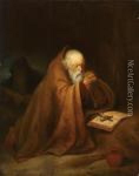 Two Hermits At Prayer Oil Painting - Gerrit Dou