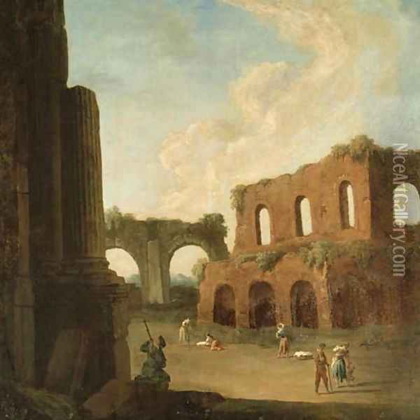 A capriccio with figures amongst ruins Oil Painting - Johann Richter