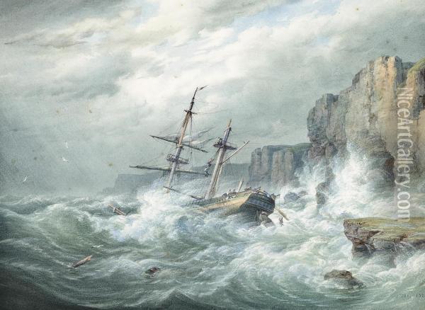 A Stiff Onshore Breeze With A Dismasted Merchantman Foundering On The Rocks Oil Painting - William Joy