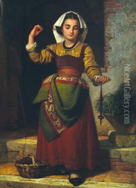 Girl With Ball Of Yard
 Oleo Sobre Tela Oil Painting - Ottto Donner Von Richter