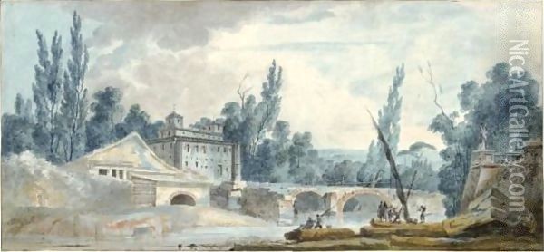 A Landscape With A Castle By A Bridge And Figures And Fishermen By A River Oil Painting - Louis-Gabriel Moreau the Elder