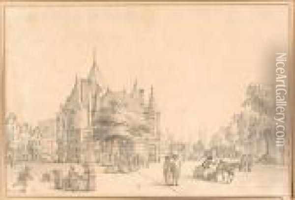 View Of The Nieuwmarkt Square Oil Painting - Reinier Vinkeles