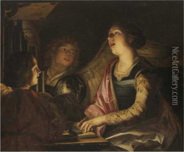Saint Cecilia, Seated At The Organ With Choral Singers Oil Painting - Gerrit Van Honthorst