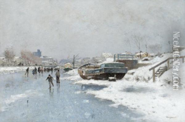 Canal Scene With Ice Skaters Oil Painting - Wilhelm von Gegerfelt