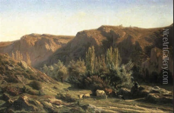 Herder With His Cattle In A Mountainous Landscape Oil Painting - Jean Francois Xavier Roffiaen