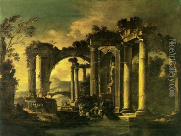 Cappriccio Landscape With Classical Ruins And Figures Crossing A River Oil Painting - Giovanni Ghisolfi
