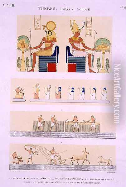 Illustrations of painted boards and murals from the Harps from the 5th Tomb of the Kings of the East Oil Painting - Jollois and Devilliers