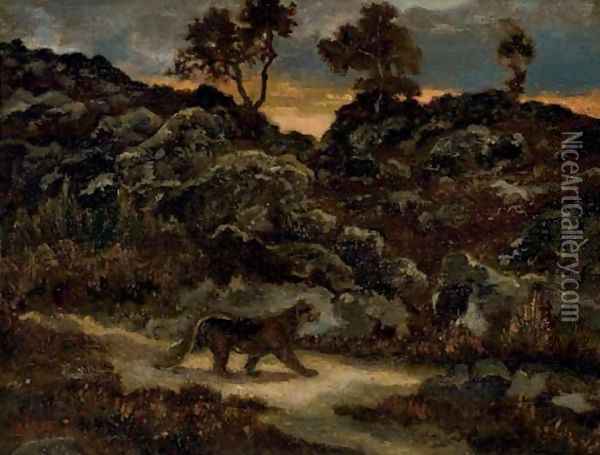 A lioness in a landscape Oil Painting - Antoine-louis Barye