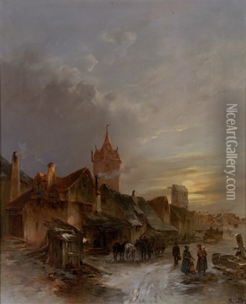 Mittelalterliches Stadtchen Bei Abendlicher Beleuchtung An Einem Wintertag Oil Painting - Emile Renard