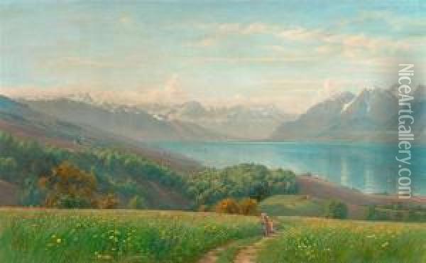 Genfersee Mit Gebirgslandschaft Im Hintergrund. Oil Painting - Charles Jones Way