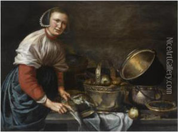 A Lady Cleaning Fish, Standing At A Table With A Copper Bowl With Apples, Copper Pans And A Small Dish With Herbs Oil Painting - Odekercken Willem