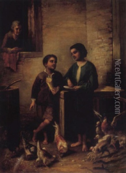 Hinterhof Mit Geflugel Futternden Kindern Oil Painting - Vincenzo Giacomelli