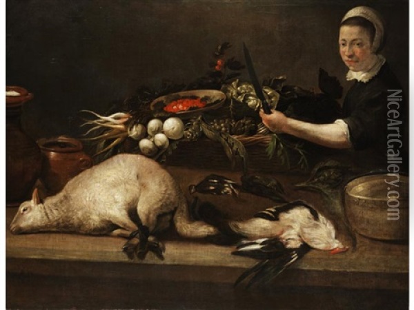 Kucheninterieur Mit Magd, Gebundenem Lamm Und Toten Vogeln Oil Painting - Pieter Aertsen