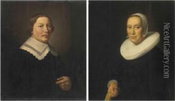 Portrait Of A Gentleman, Half-length, In Black With A White Collar;and Portrait Of A Lady, Half-length, In Black With A White Collarand Bonnet Oil Painting - Hendrick Van Vliet
