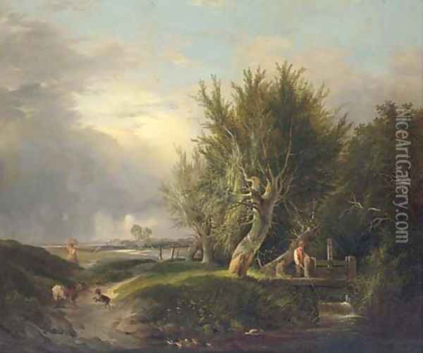 Boys fishing by a stream Oil Painting - Edward Williams