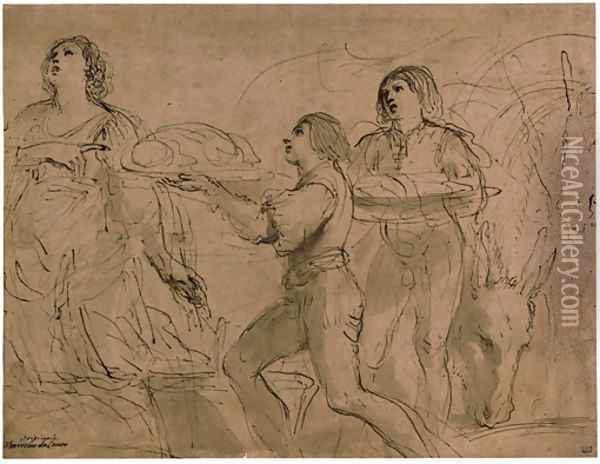 Abigail and two servants Oil Painting - Giovanni Francesco Barbieri