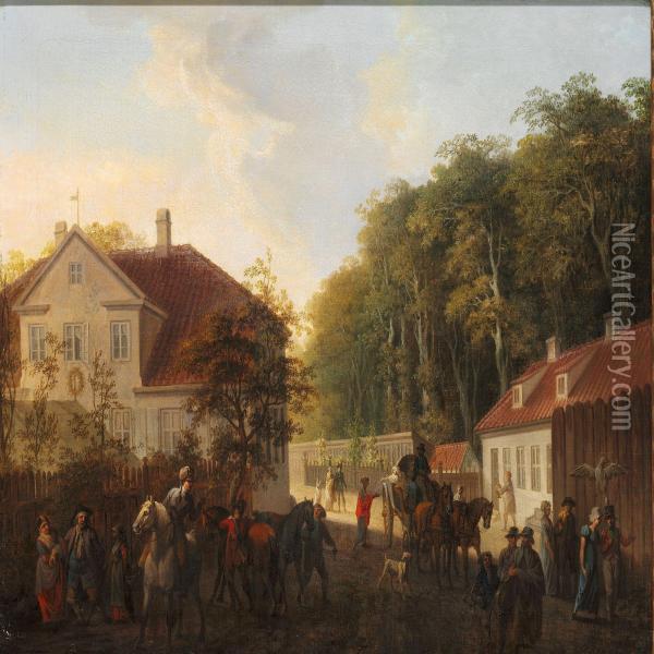 Gadeparti Med Gaende Og Korende Personer, Motiv Fra Lyngbyegnen Oil Painting - Christian August Lorentzen