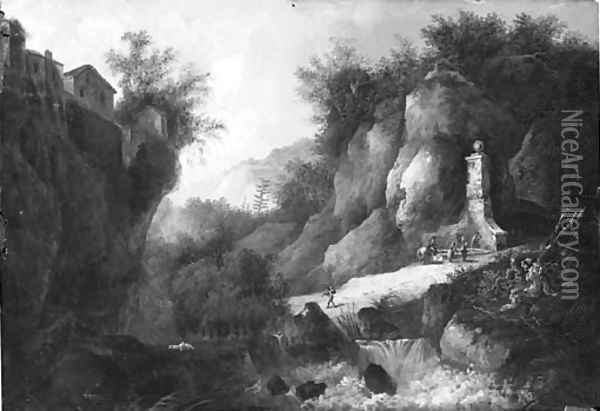 A stream in a rocky gorge with figures by a fountain Oil Painting - Louis Belanger