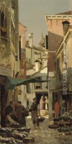 Market At The Corner Of Calle Crosera And Campiello Pescheria, Venice Oil Painting - Ruppert Otto Von