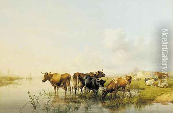 Cattle watering on the River Stour below Fordwith, Kent Oil Painting - Thomas Sidney Cooper